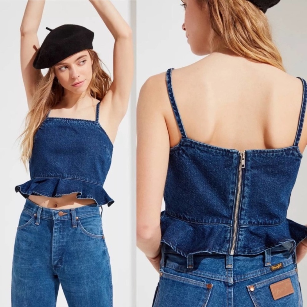 Urban Outfitters denim peplum back zipper crop top Sz Small